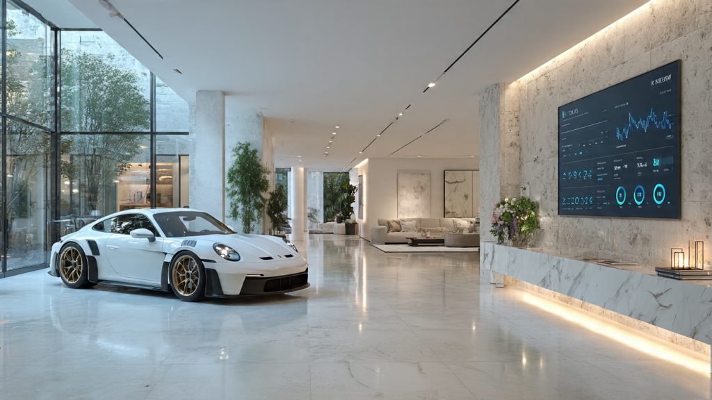 Luxury smart home showing a strong Wi-Fi network with mesh nodes, cameras, and secure device segmentation.