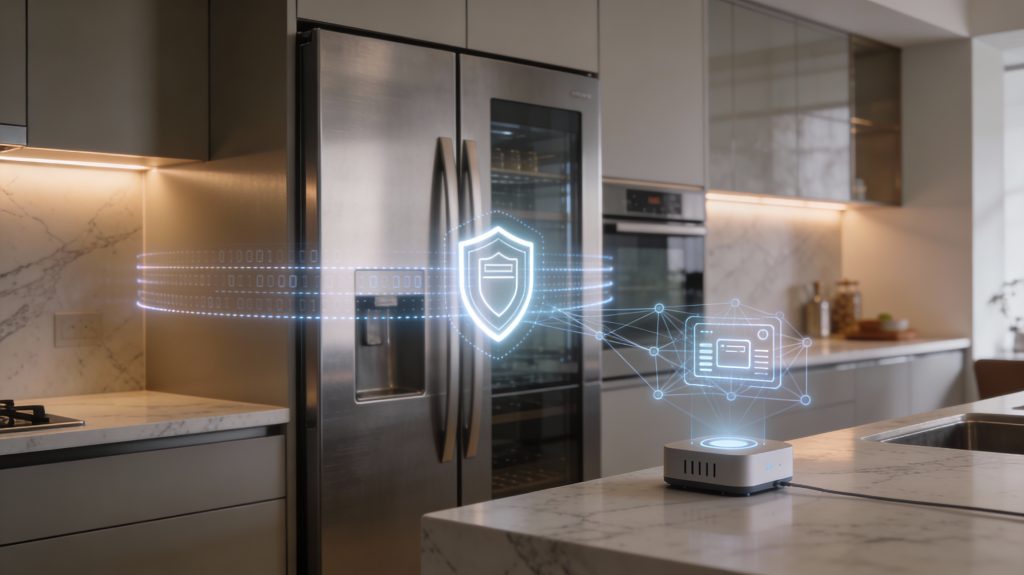 Matter-ready smart fridge shown in a luxury kitchen with visual cues representing encryption, secure onboarding, and privacy.