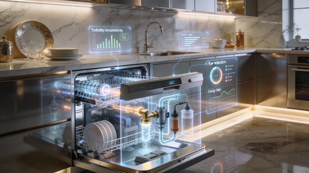 Luxury kitchen with a smart dishwasher showing integrated sensors and actuators controlling water, temperature, and cycle length with digital overlays.
