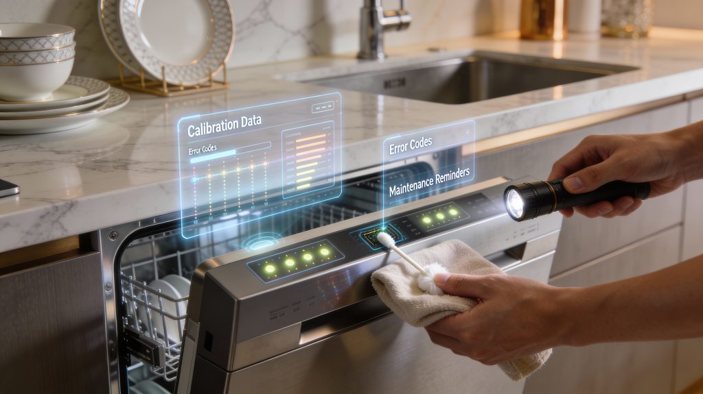 Luxury kitchen showing a smart dishwasher with soil sensors undergoing maintenance and calibration, with holographic diagnostic overlays and inspection tools.