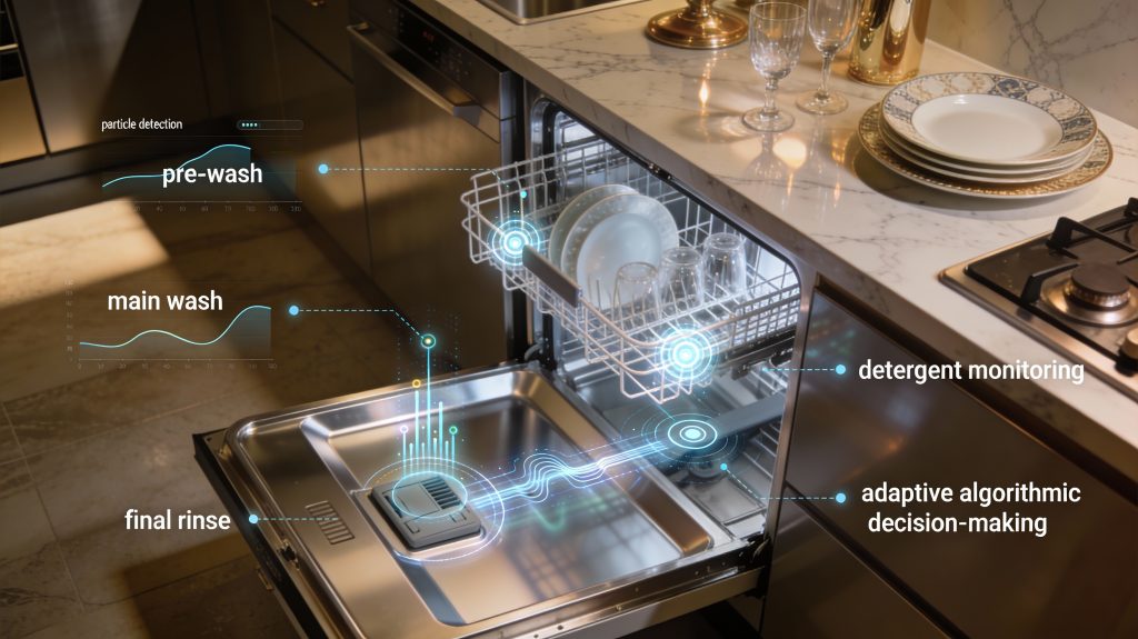 Luxury kitchen showing smart dishwasher sensor placements and real-time digital overlays tracking turbidity, conductivity, and particle detection during a wash cycle.