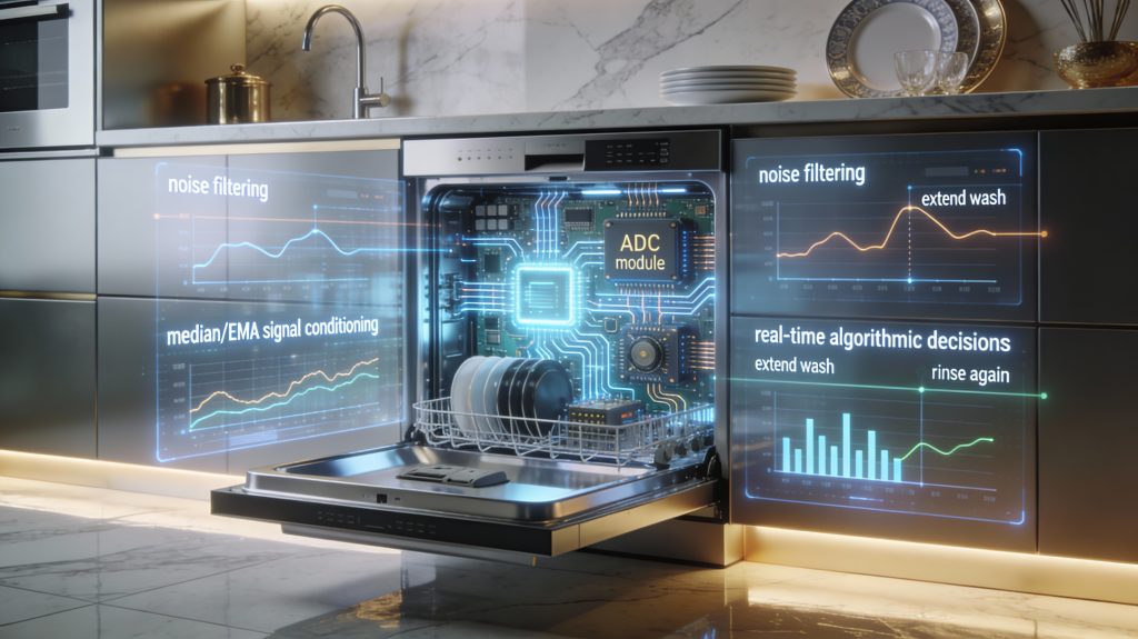 Luxury kitchen with a smart dishwasher revealing electronics, filtering, and decision algorithms, visualized through glowing circuits and holographic overlays.