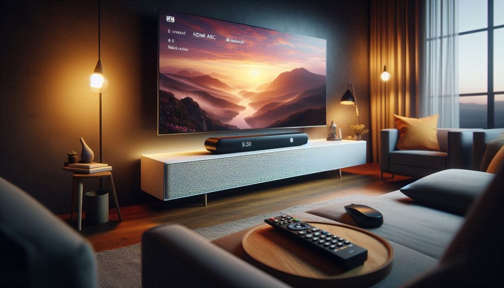 White simple soundbar under a flat-screen TV in a cozy living room, with an oversized easy-to-use remote nearby