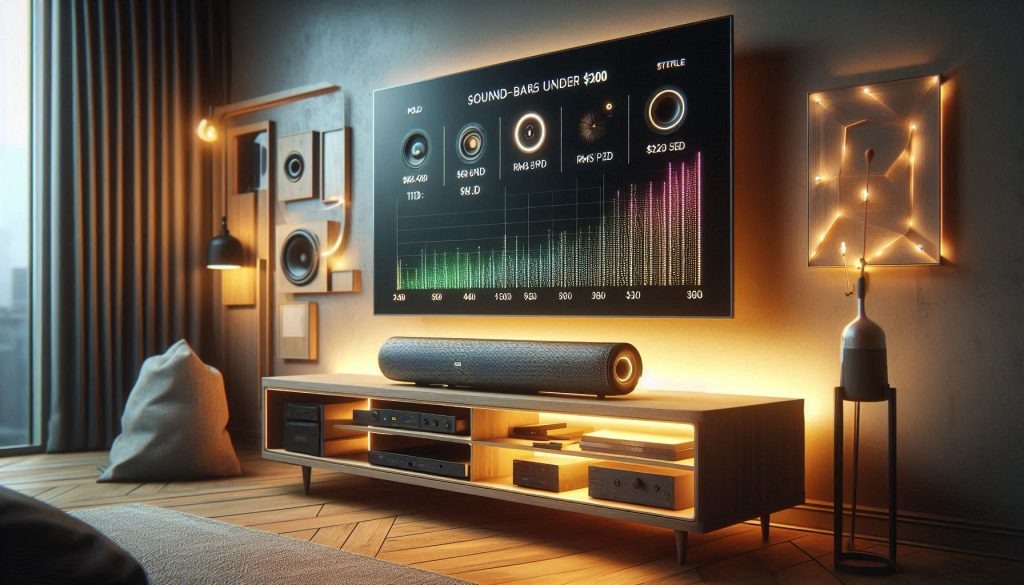 modern bedroom showing small soundbars under $200 placed under wall-mounted tv, visual overlays of dialogue clarity, stereo spread, bass extension, frequency response, and thd, hyper-realistic cinematic lighting, cozy minimalist interior