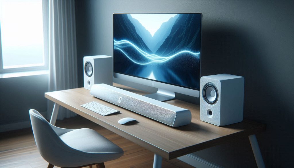 Compact white desk soundbar and speakers in a modern home office workspace designed for clear audio and minimal clutter.