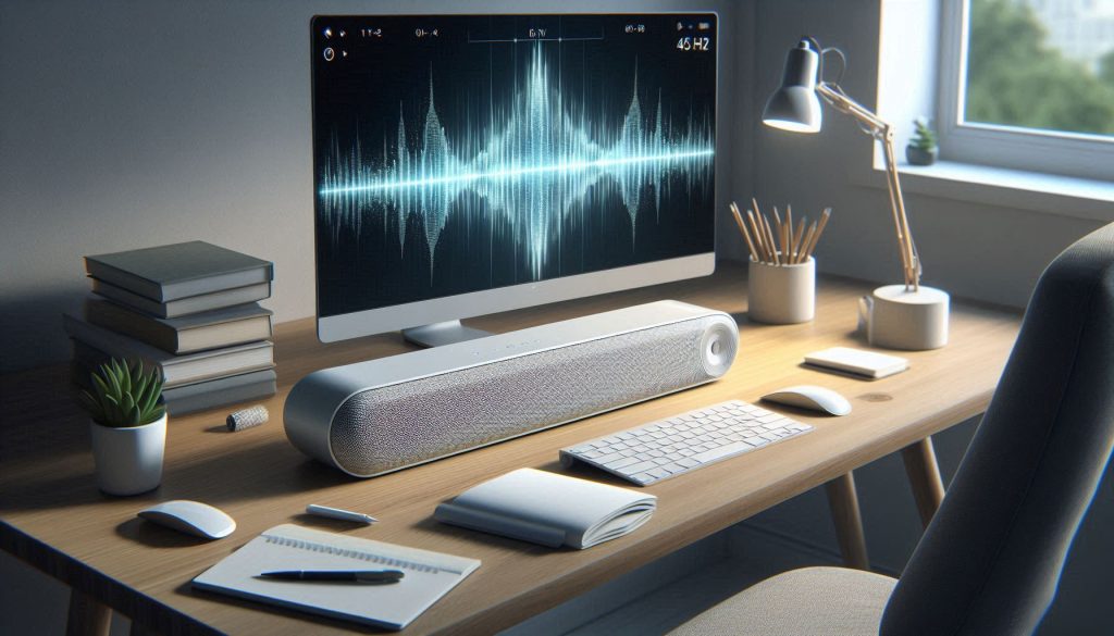 Compact white soundbar on a home office desk optimized for clear speech and near-field listening during work calls.