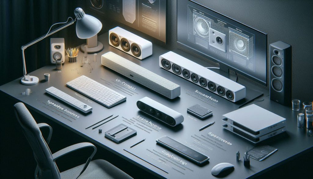Four white small soundbars on a professional desk illustrating ultra-compact, low-profile, conferencing, and expandable form factors with use-case callouts.