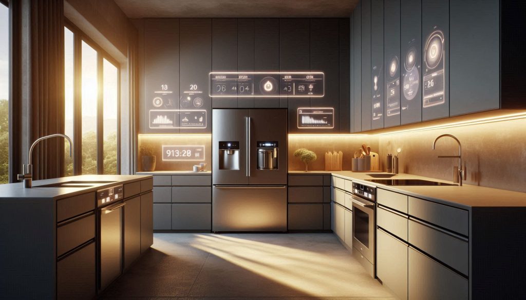 high-end luxury kitchen showcasing smart appliances with digital energy savings overlays