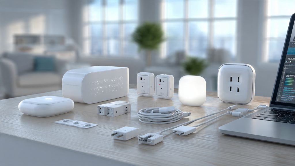 Realistic home office setup with Wi-Fi router, Ethernet cables, smart plugs, smart lights, and laptop showing network diagnostics.