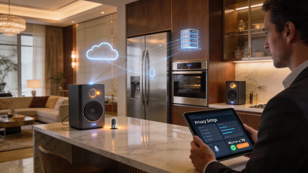 Luxury kitchen and living room with high-end smart appliances, showing microphones subtly glowing, digital overlays of voice data streams to cloud servers, and a user checking privacy settings on a tablet.