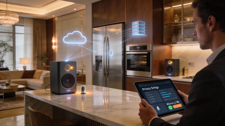 Home Luxury kitchen and living room with high-end smart appliances, showing microphones subtly glowing, digital overlays of voice data streams to cloud servers, and a user checking privacy settings on a tablet.