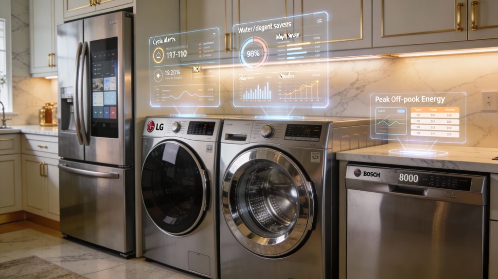 high-end smart washer, dishwasher, and fridge in a luxury home with holographic displays showing time, energy, and water saving