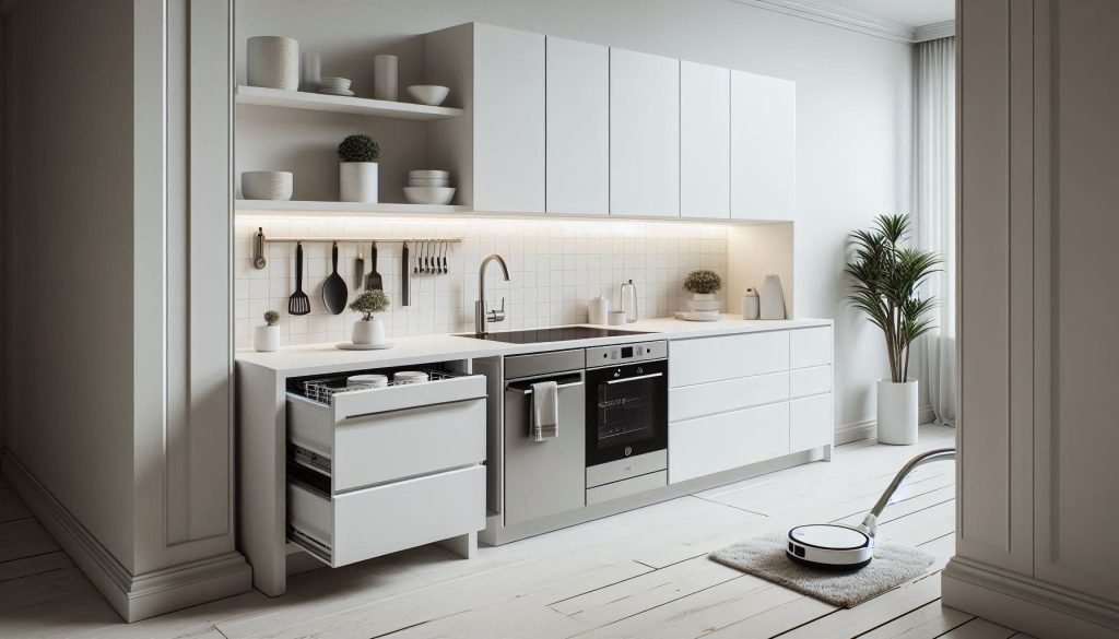 Smart cleaning and dishcare tools saving counter and floor space in a white kitchen.