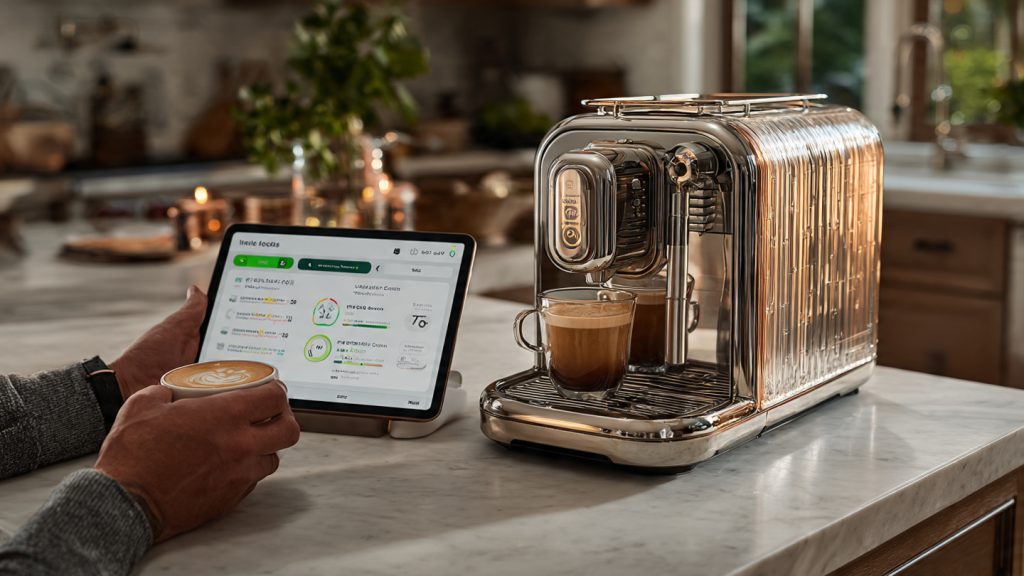 Luxury espresso machine with a digital display showing power requirements, connectivity options, and smart home compatibility.