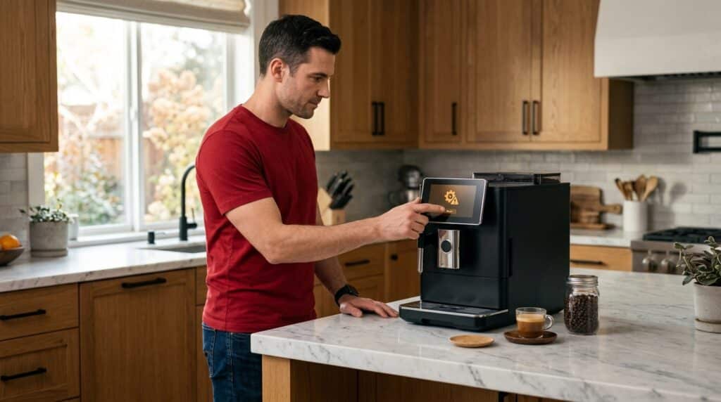 Homeowner resetting a descale notification on a smart coffee maker.