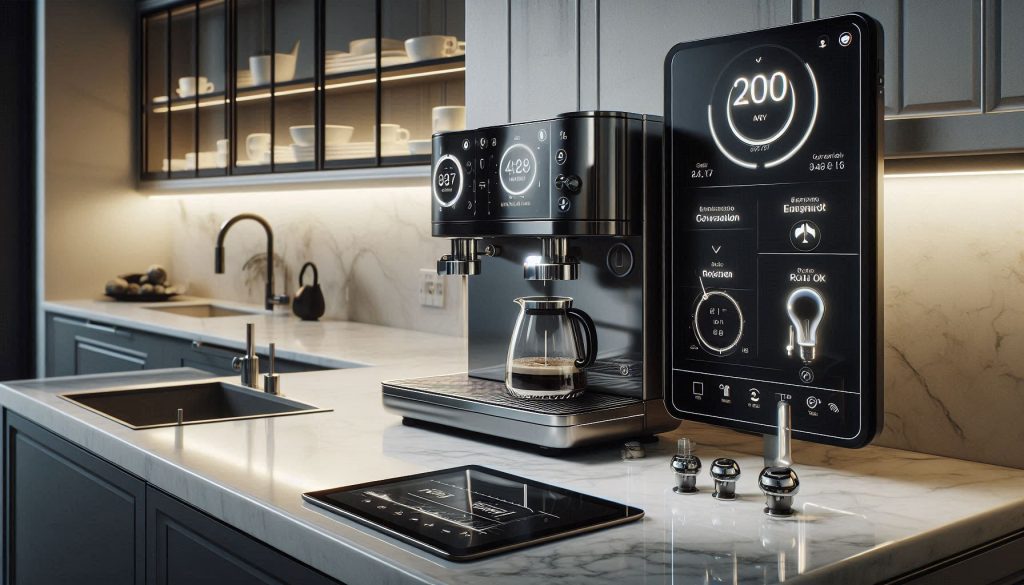 Luxury smart kitchen showing a coffee machine with power, temperature, and brew performance metrics displayed on dashboards.