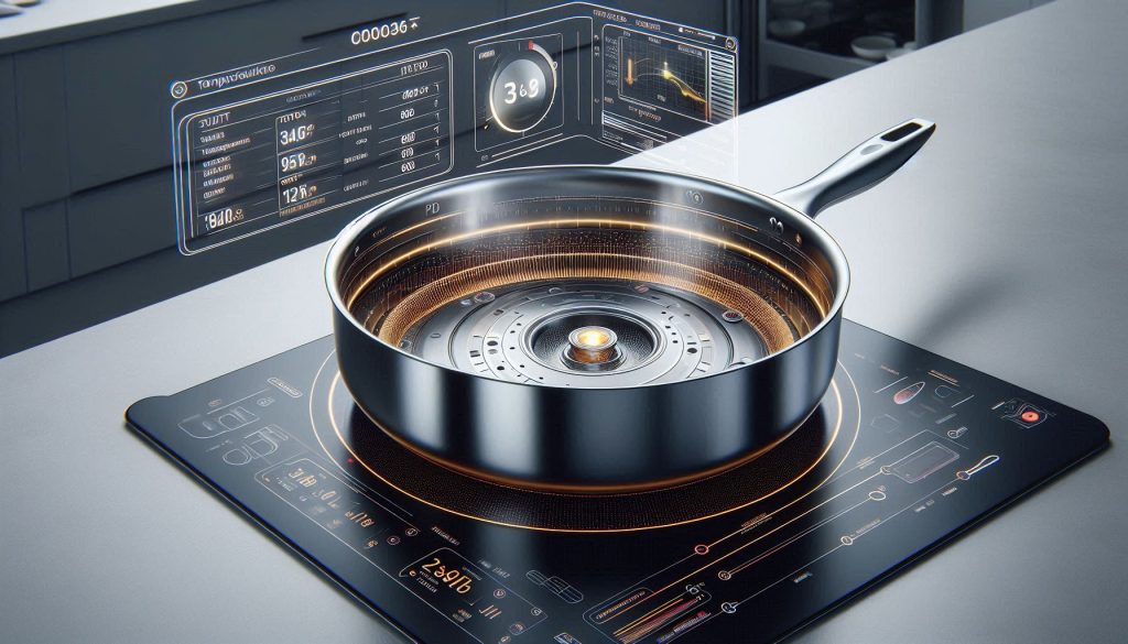 Luxury cookware pan with embedded smart temperature sensors and real-time heat feedback visualization