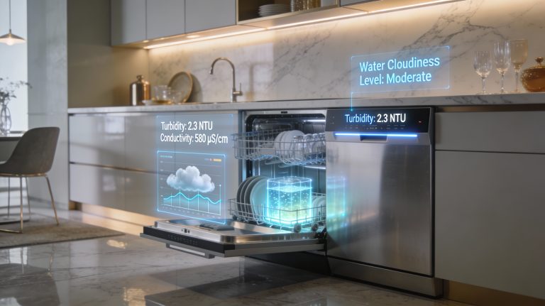Home Luxury modern kitchen with a high-end smart dishwasher displaying glowing soil sensors and digital readouts, emphasizing adaptive cleaning technology.