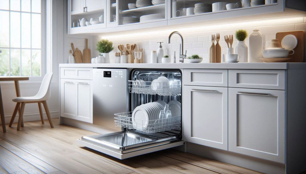 A smart dishwasher with soil sensors operating in a modern white kitchen with clean dishes inside.