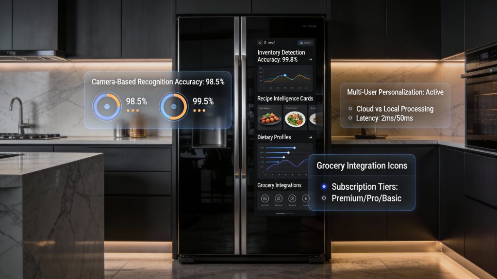 Luxury AI smart refrigerator displaying advanced meal-planning, inventory tracking, and personalization features in a high-end modern kitchen.
