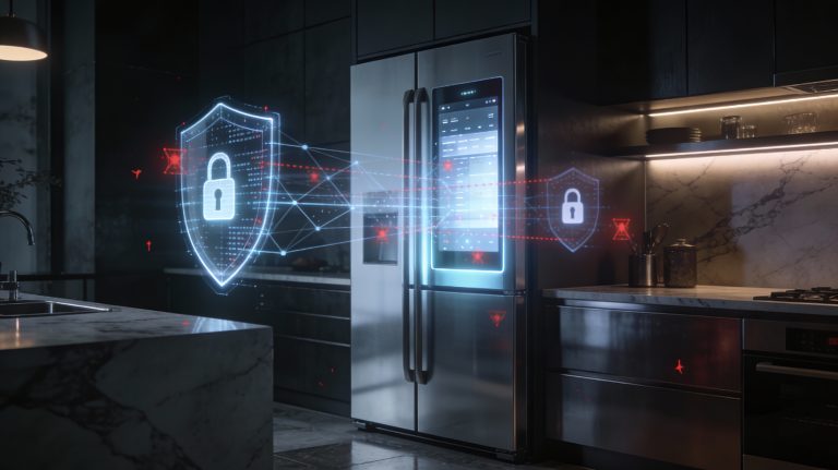 Home Luxury smart refrigerator protected by digital cybersecurity shields in a high-end modern kitchen environment.