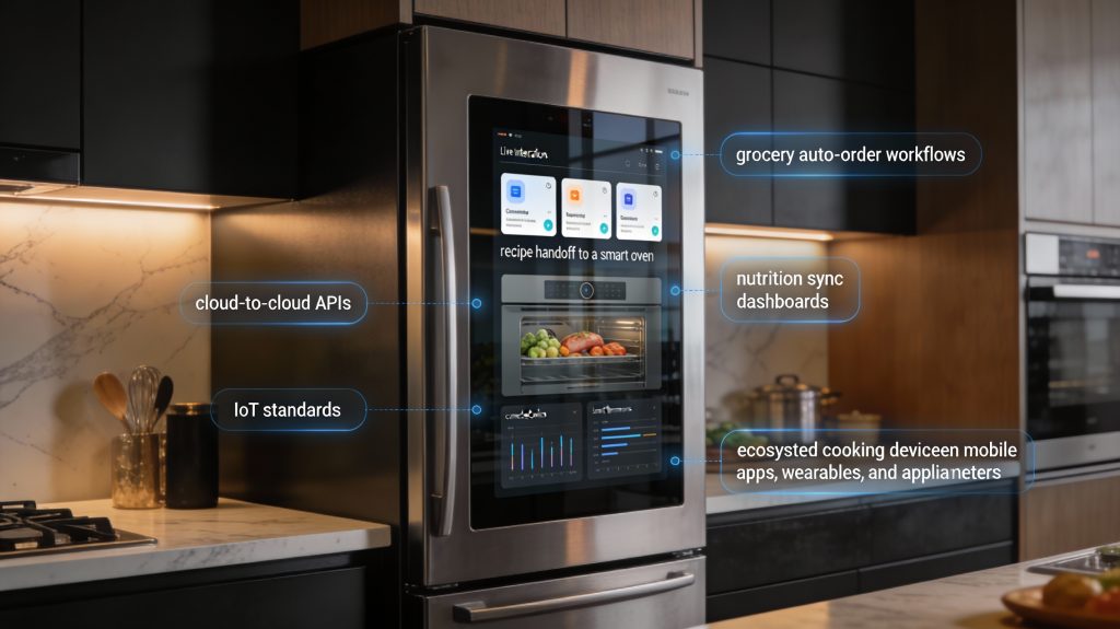 Luxury smart refrigerator integrating with kitchen apps, smart ovens, grocery services, and nutrition tracking in a connected home ecosystem.