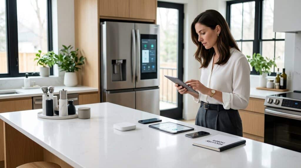 Woman securing smart fridge settings in a luxury kitchen to protect connected home devices.