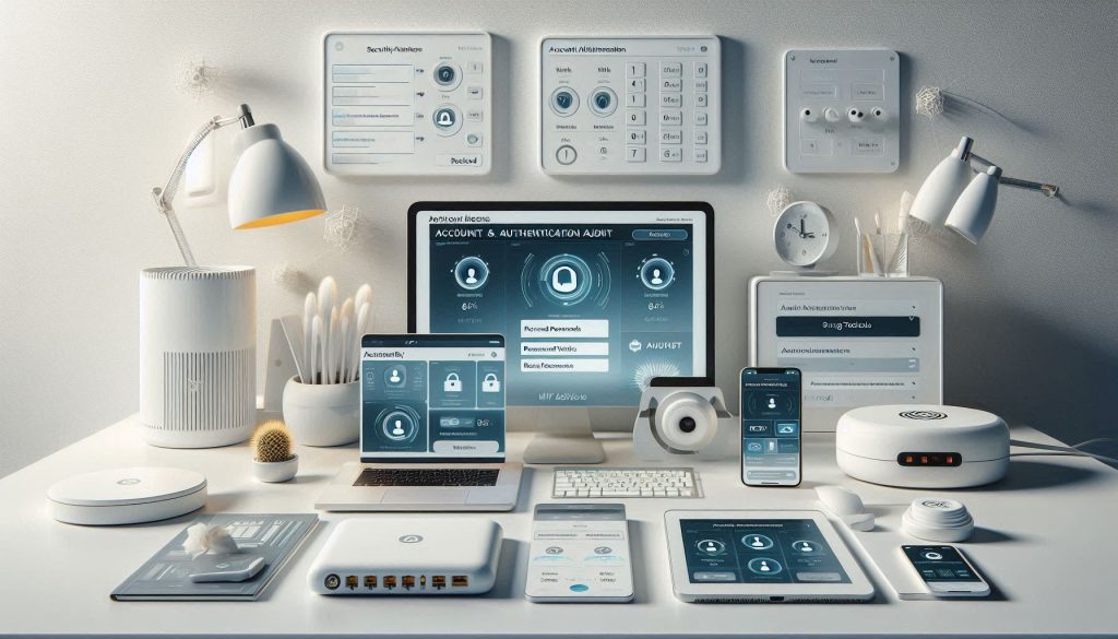 Auditing smart home accounts and authentication with MFA, password management, and access alerts on white devices