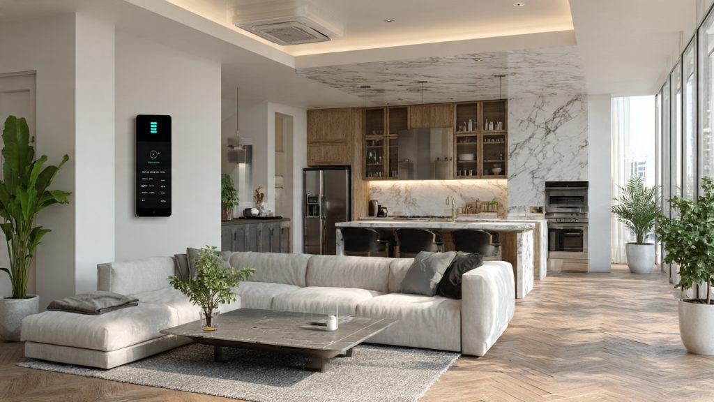 Luxury smart home automation setup showing connected devices, energy efficiency, and secure control, no logos visible.