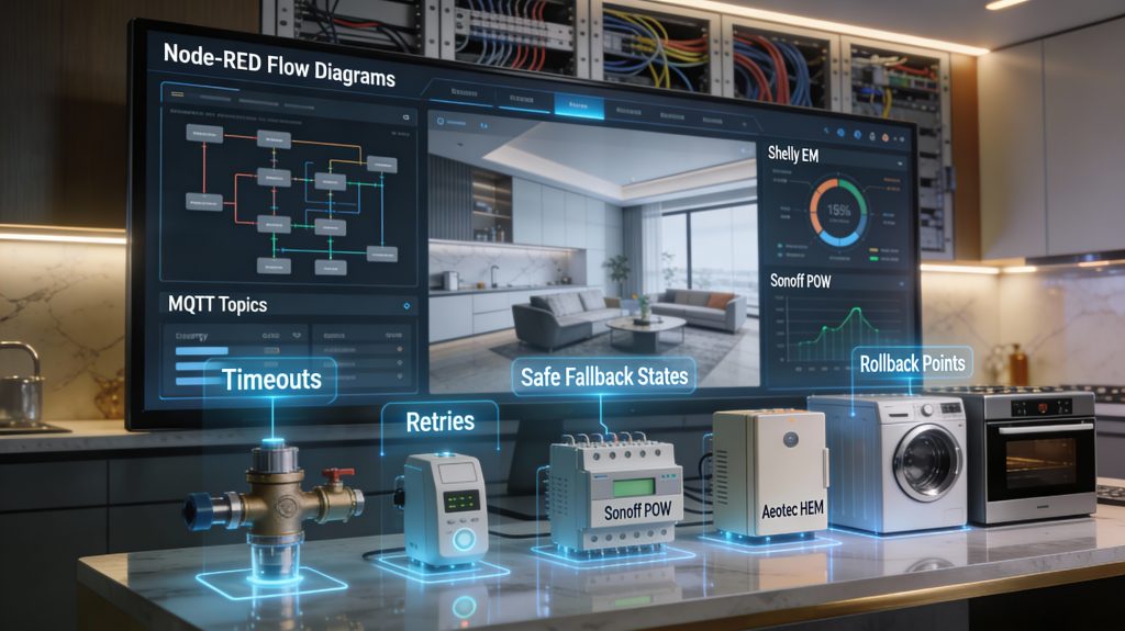 luxury smart home control room with dashboards, node-red flows, and retrofitted appliances showing automation workflows