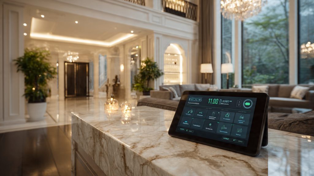 Luxury smart home showing lighting, thermostat, and security automations with conditional rules and delays.