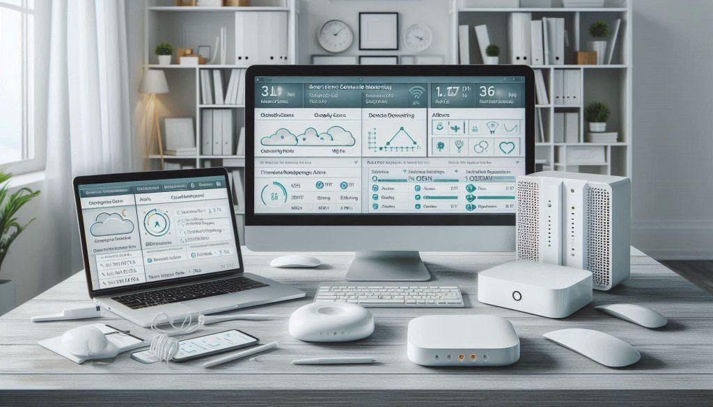 White smart devices and router with dashboards for continuous monitoring, alerts, and incident response