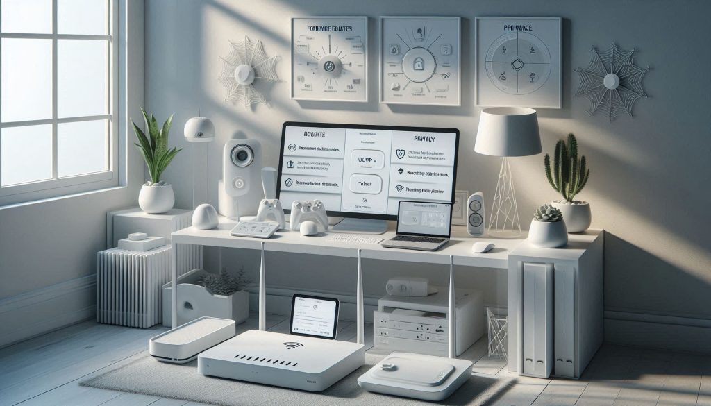 White smart devices and router being configured for hardened security, firmware updates, and local control