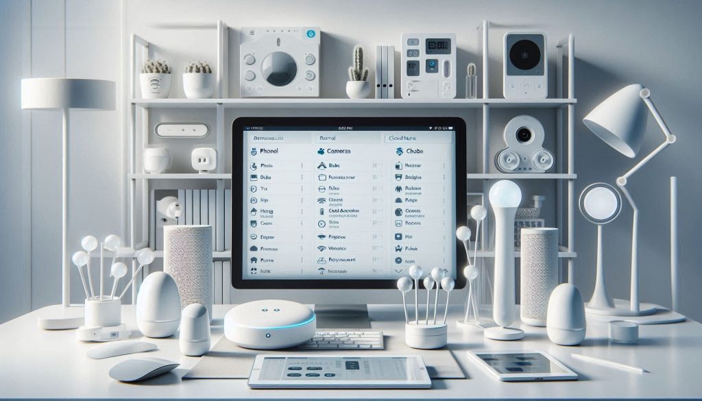 White smart home devices and dashboard showing inventory of connected devices with details