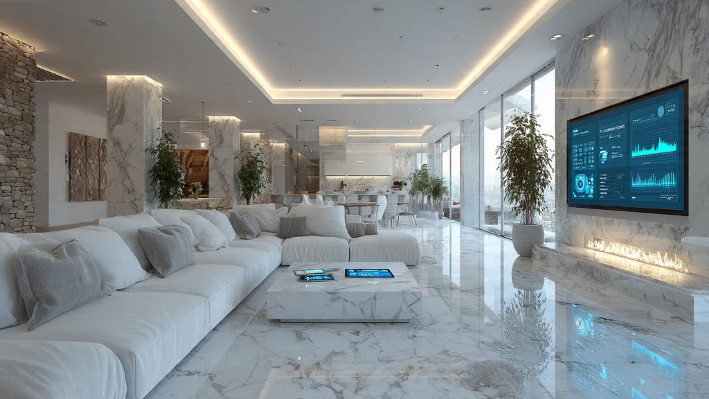 Luxury smart home planning setup showing automation goals, energy usage metrics, and smart device dashboards.