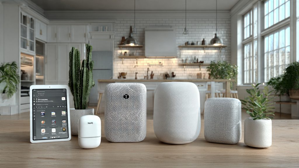 White smart home devices and voice assistants with tablet showing integrations, automation, and growth planning