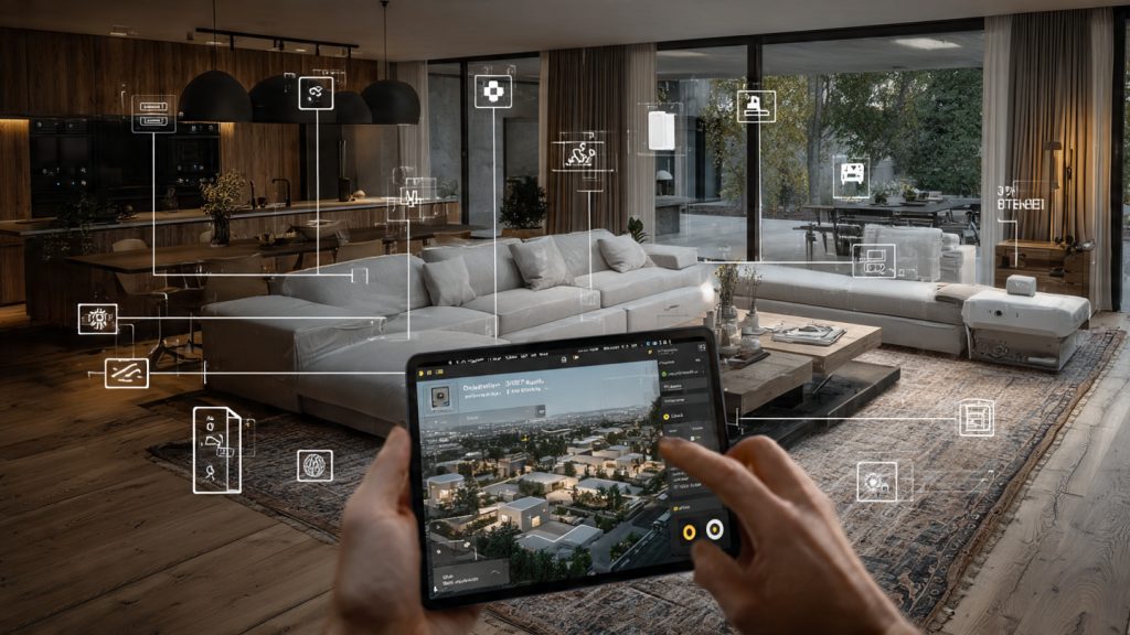 Smart home lighting with white bulbs, switches, dimmers, and retrofit modules controlled via tablet