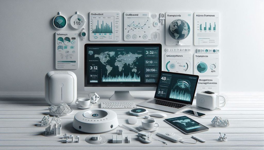 White smart devices and dashboards showing outbound connections, IP mapping, and encrypted traffic analysis
