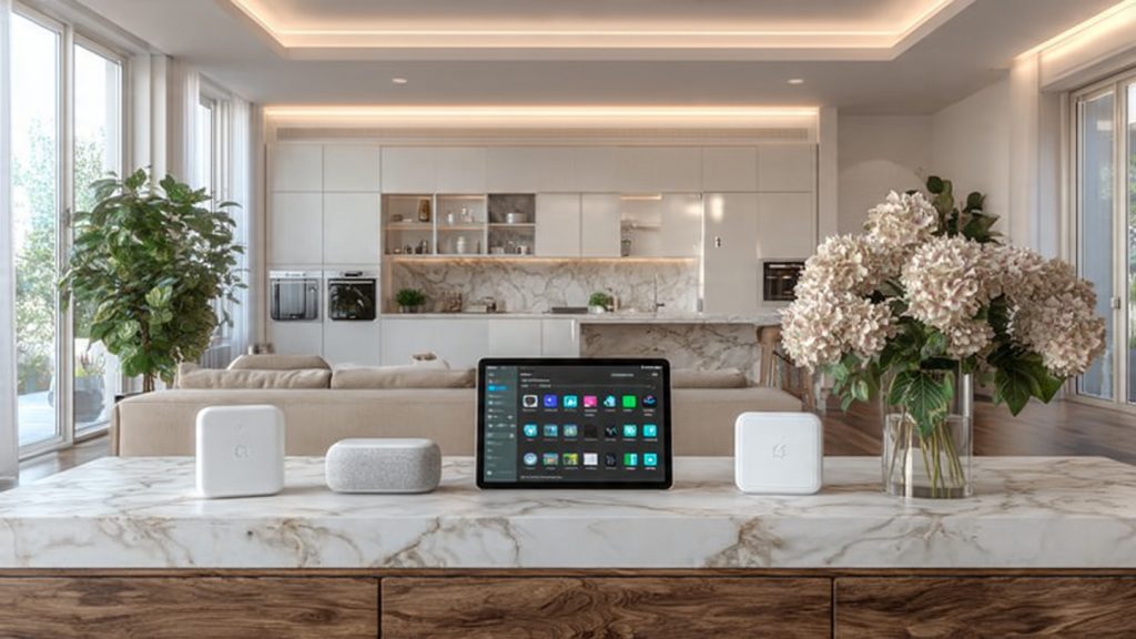 Luxury smart home setup showing a central automation hub controlling lighting, sensors, and appliances through a unified system.