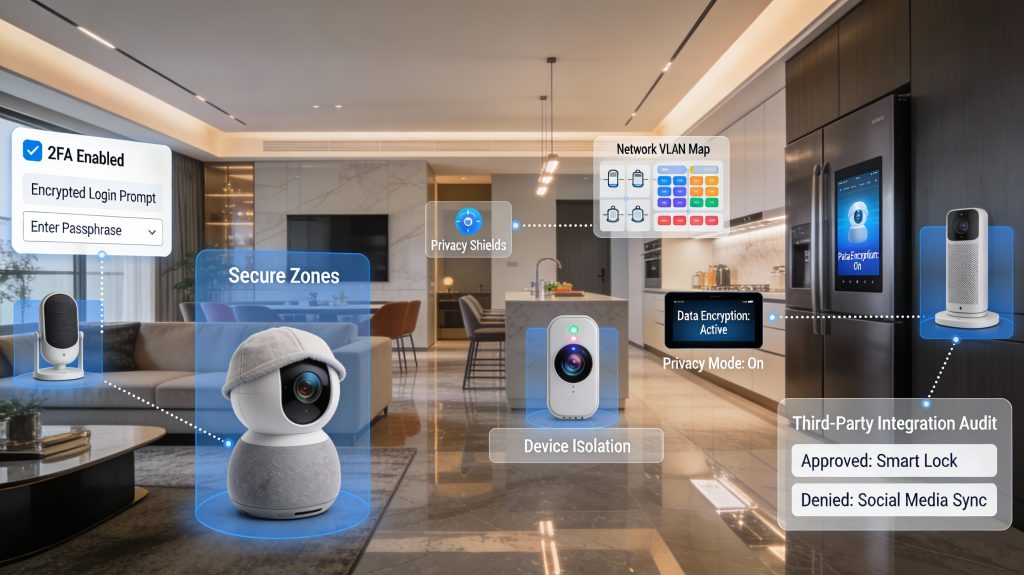 Luxury smart home showing privacy-focused settings: muted cameras, voice assistants off, two-factor authentication, network isolation, and audited third-party integrations.
