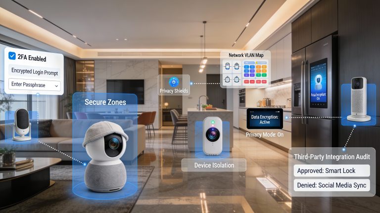 Home Luxury smart home showing privacy-focused settings: muted cameras, voice assistants off, two-factor authentication, network isolation, and audited third-party integrations.