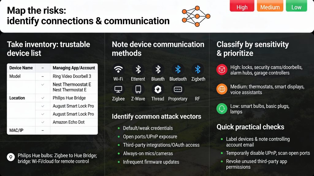 Luxury smart home cybersecurity dashboard visualizing connected devices, communication paths, and risk levels.