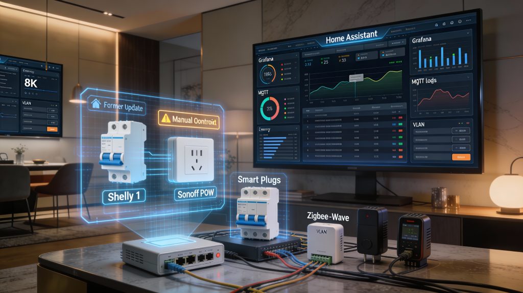 high-end smart home hub with dashboards, anomaly alerts, energy telemetry, and retrofitted appliances for secure monitoring and maintenance