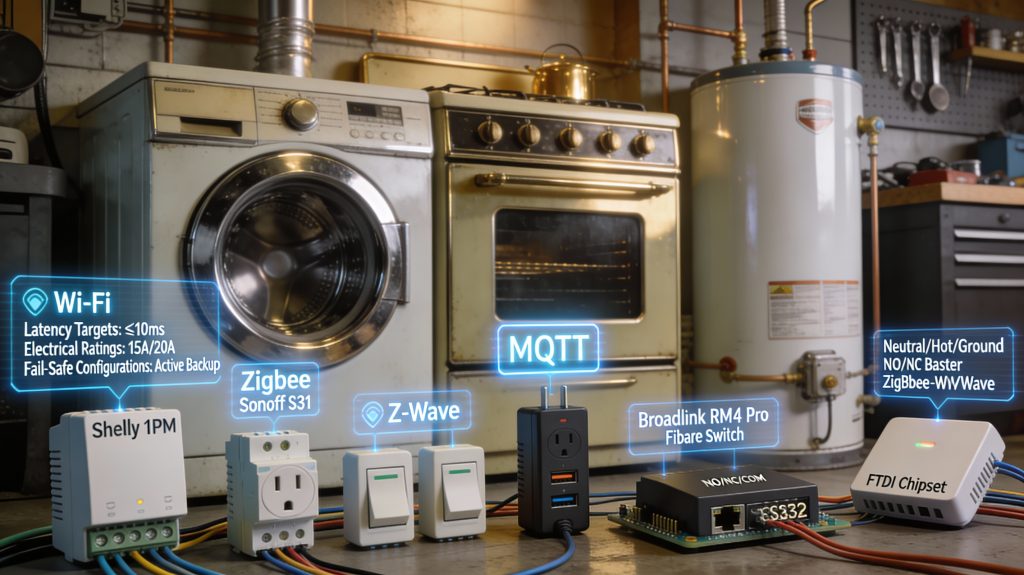 luxury utility/workshop space with legacy appliances connected to various smart interface modules, showing protocol and safety overlays