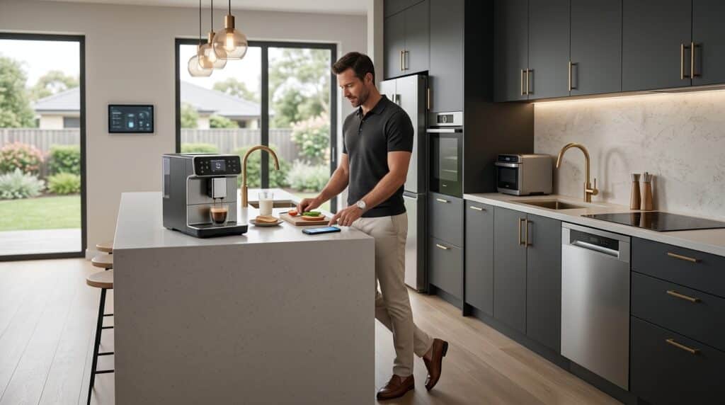 Homeowner using smart kitchen appliances to save time during meal preparation.