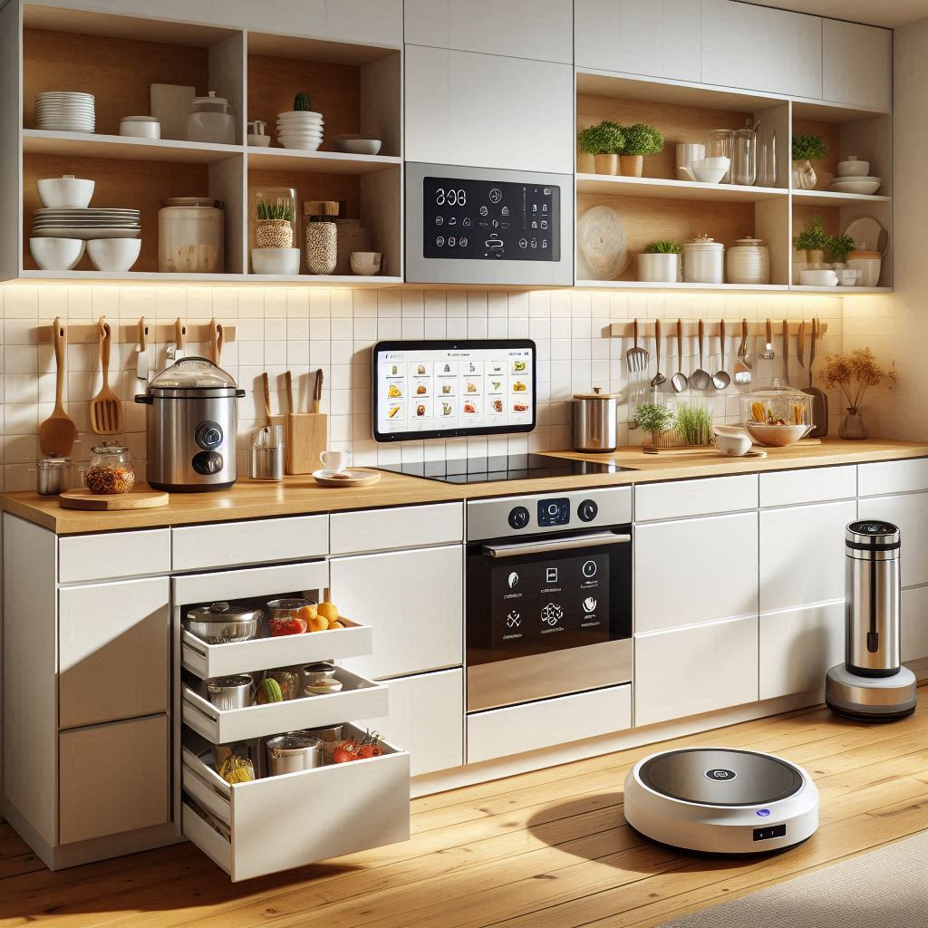 Modern smart kitchen with time-saving appliances and automation designed to improve cooking efficiency.