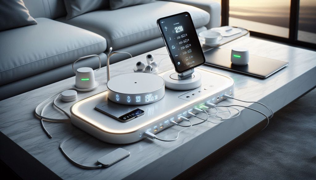 White luxury charging hub on a modern console with app-based scheduling, per-device prioritization, and LED load indicators, actively charging multiple devices.