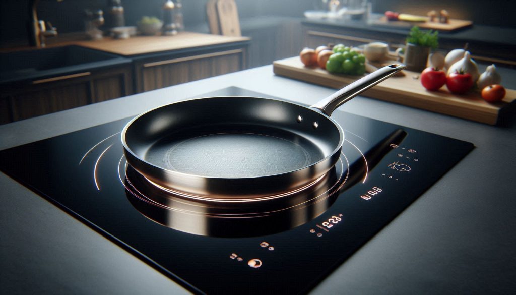 luxury smart frying pan with embedded sensors on a modern induction cooktop
