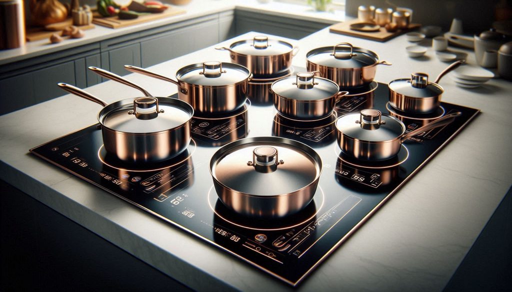 luxury smart pans with temperature sensors and even heat distribution on a modern stove