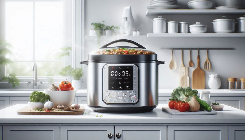A smart multicooker preparing a stew on a white countertop with meal prep containers nearby.